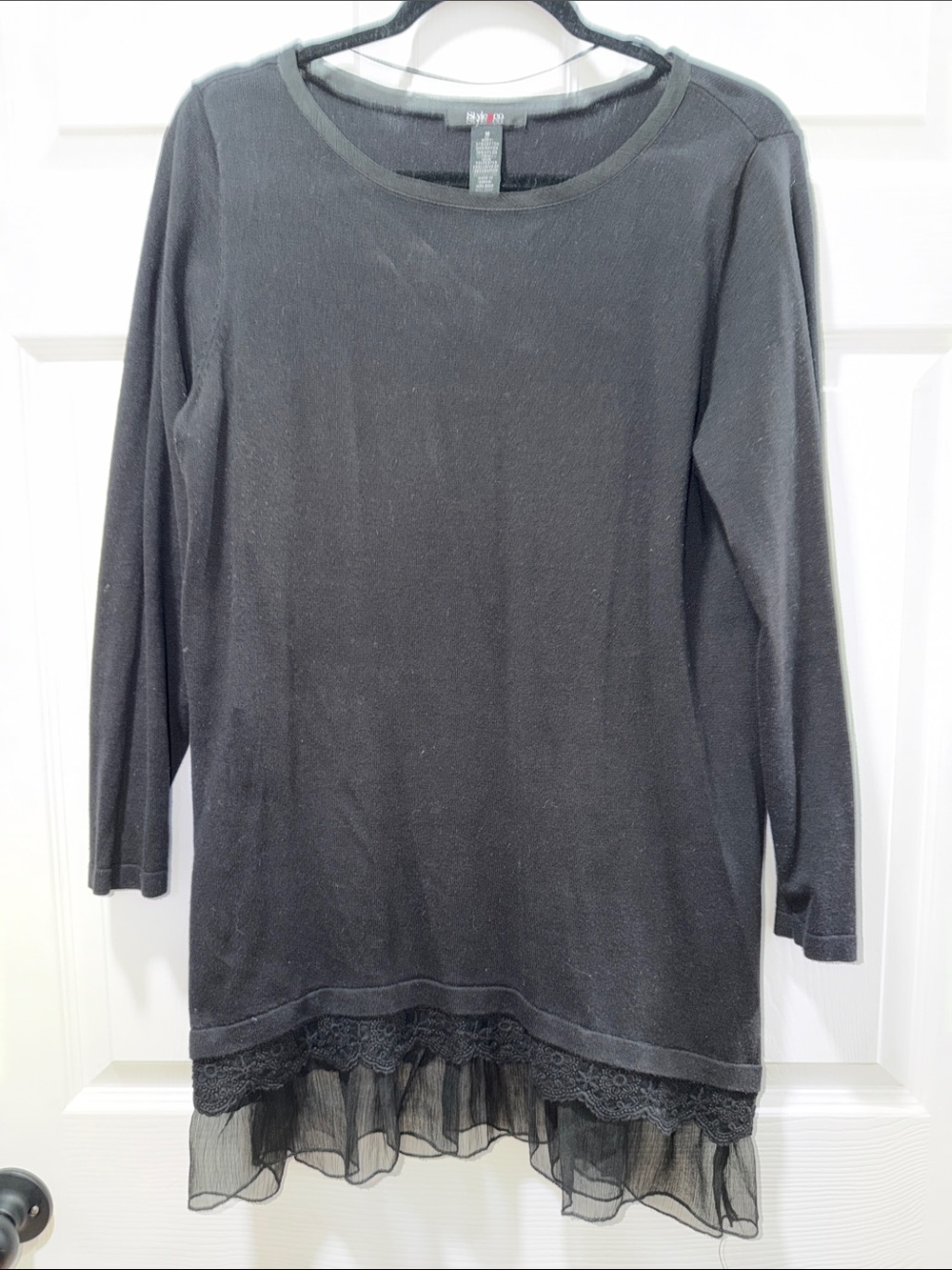 Style & Co. Black Long-Sleeve Tunic with Lace and Sheer Hem only worn once